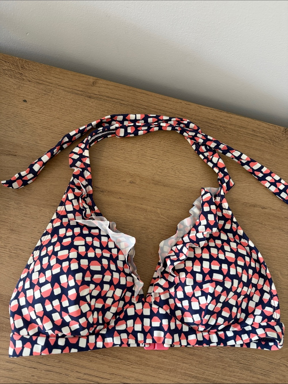 Boden Navy, Pink & White Ruffle Halter Bikini Top